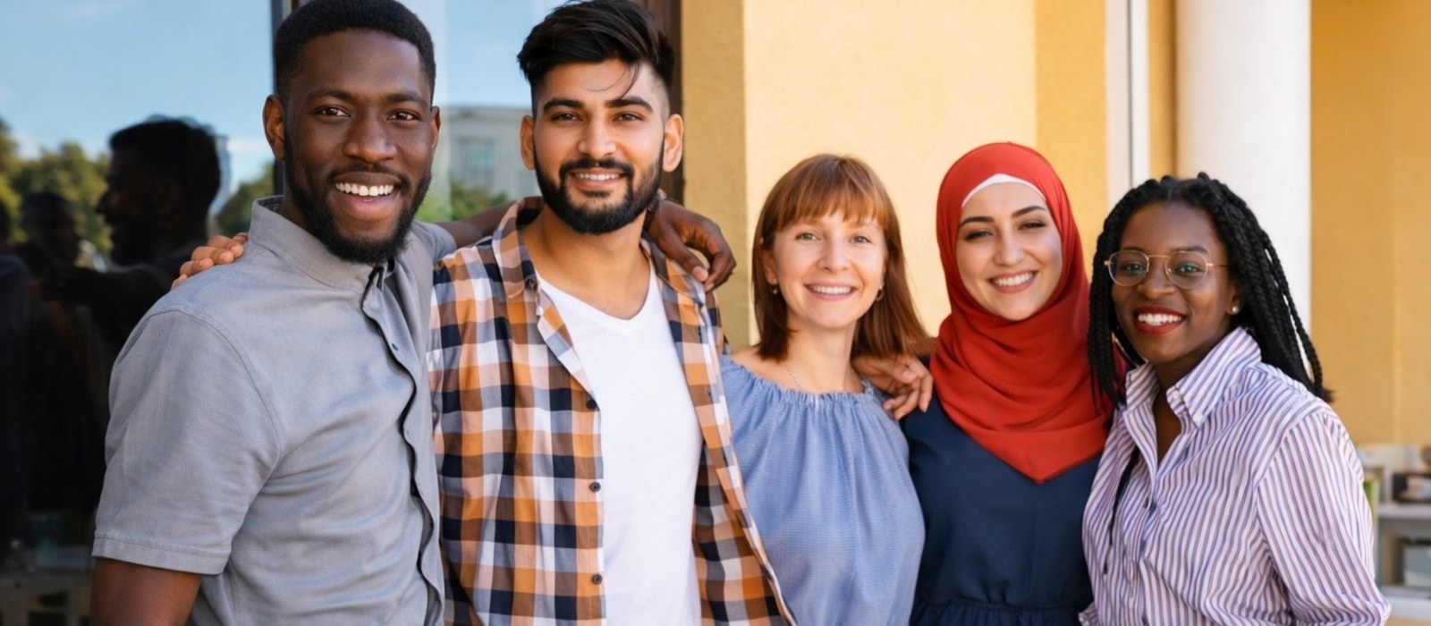 Mehrere Menschen stehen zusammen und lächeln in die Kamera